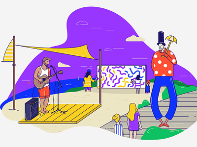 Art events bay beach boardwalk clown guitar mime music musician painting summer umbrella
