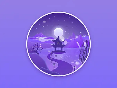 Japan landscape badge #4 (Alt) badge cherrytree design illustration imagination japan landscape moon stars temple vector waterlily