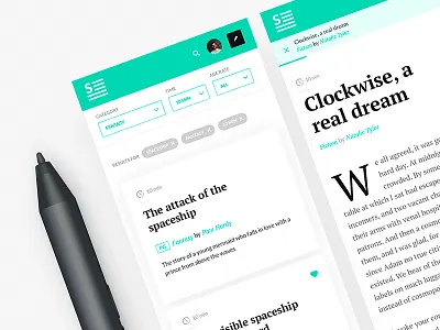 Short Stories App app article cards clean design dropcap mobile ui ux white