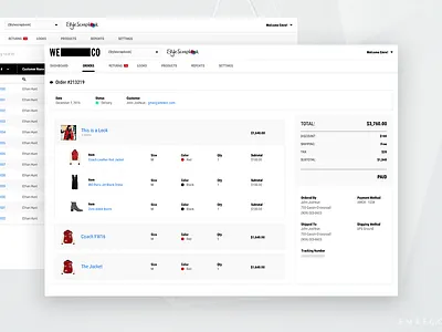 WECO Admin Panel Order Page admin app backend cms ecommerce interface list shopping table ui website whitelabel