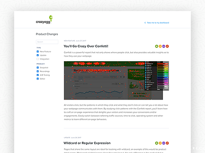 Crazy Egg Product Changelog Page changelog changes crazyegg docs documentation light log note product simple ui web
