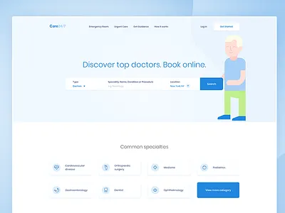 Care 24/7 blue clean doctor gradient health hospital landing page medical care medicine