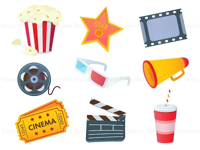 Cinema cartoon elements set cartoon cinema illustration illustrator movie set star vector