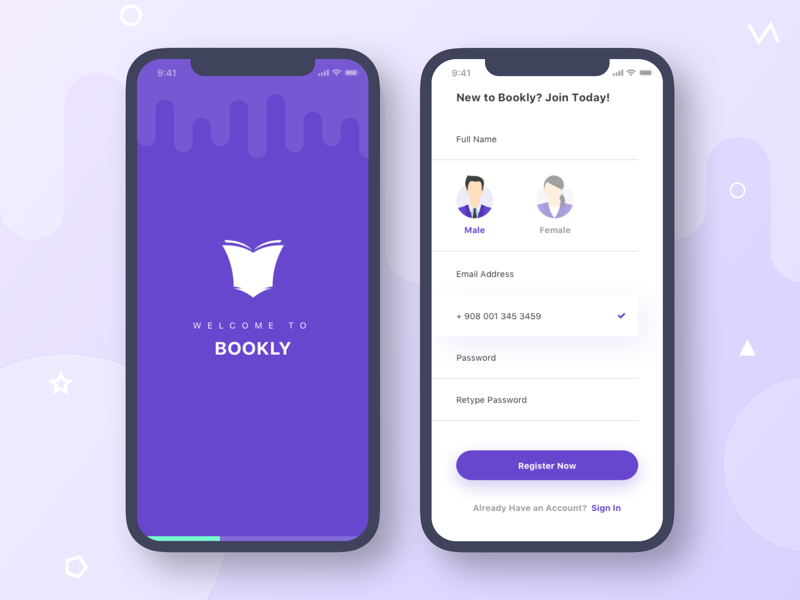 Bookly Splash and Register Screen by Kazi Mohammed Erfan on Dribbble