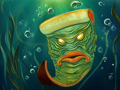 Pizza from the Black Lagoon black lagoon bubbles creature digital painting food horror illustration kelp monster pizza procreate water
