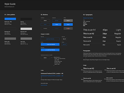 StyleGuide ElectronicRoads.com blue button dark design documentation music elements roboto search styleguide typography ui elements ux