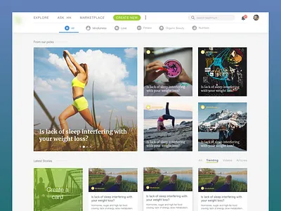 Health and health related landing page for articles. app article beauty fitness health love mindfulness motivation nutrition post relationship web