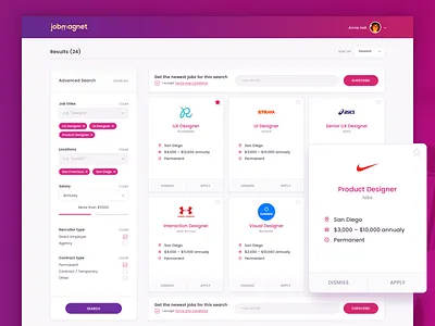 Jobmagnet Search Results Page Concept advanced search cards dashboard job search jobs refine search sidebar ux web