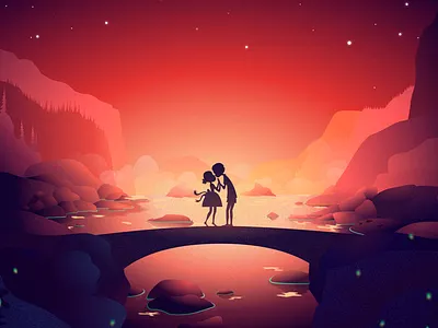 St. Valentine's Day bridge couple environment illustration love mountains nature sketch valentines day waterfall