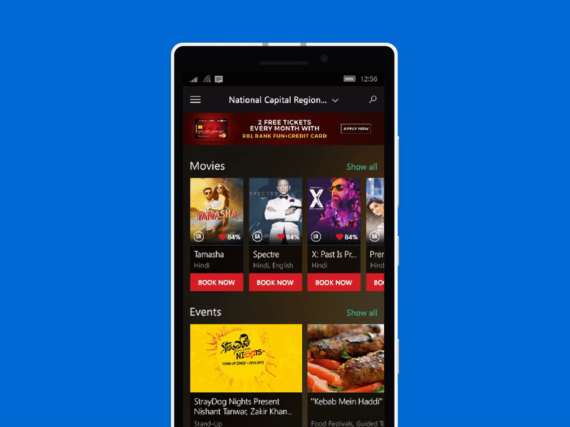 BookMyShow UWP – Home bookmyshow case study home interaction presentation ui uwp ux windows 10