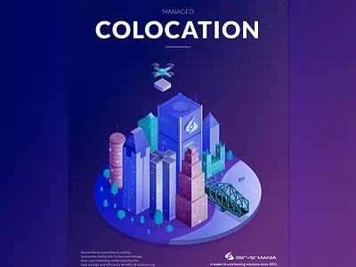Colocation isometric illustration bridge buildings colocation drone illustration isometric river server
