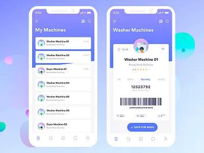 Washer Machine Finder Mobile App cards details feed gradient icons illustrations ios 11 iphone x listing machine washer