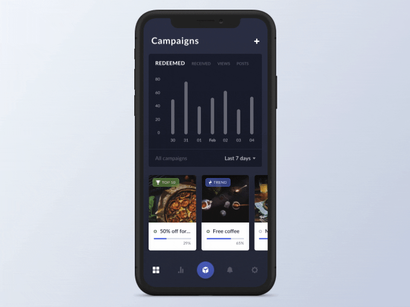 Coupon Redemption App - Code Scanning animation application bar chart dark dashboard data management data visualization design flinto form graph interface ios mobile motion qr code report scanning statistics ui