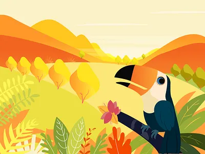 Colorful animal world bird colour flat illustration leafs
