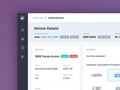 File a Claim – Vehicle Details admin claims corporate design graph overview placeholder purple ui ux visual web