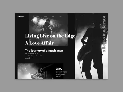 Allegro - Landing Page Exploration black and white blog landing page minimalism musicians ui ui design ux ux design web web design website