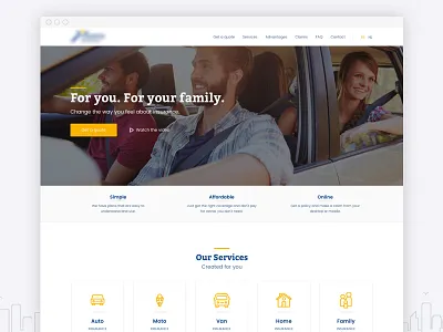 Insurance Homepage Proposal auto blue family flat home insurance landing moto van yellow