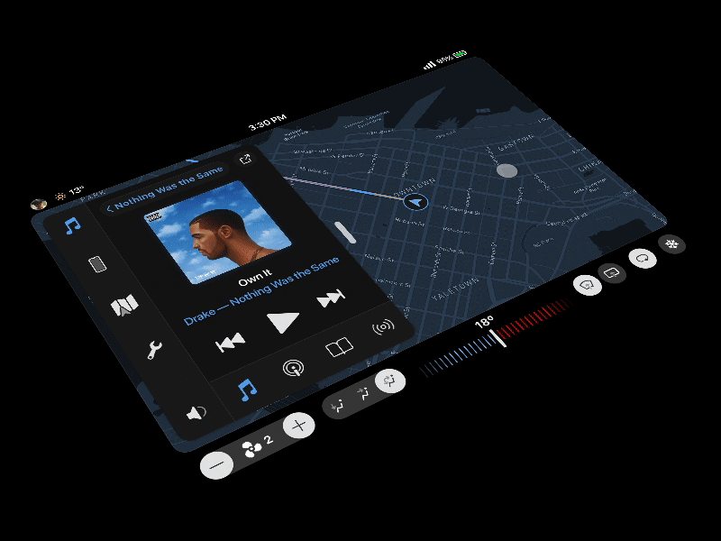 Night Mode Transition car dashboard flinto music player prototype touchscreen ui