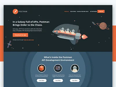 Postman Homepage 3.0 api astronaut developer postman sass satellite software space spaceman spaceship web design website