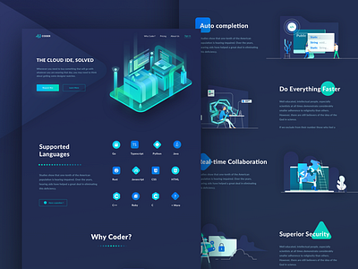 Coder Long/Dark Home Page dark gradients home illustrations isometric website