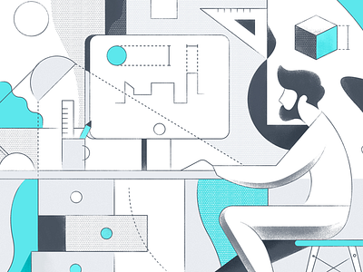 Working Illustration architecture benday dots blue chair character illustration man white work working