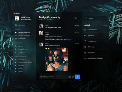 Chat UI - Black Theme black minimal blur bold clean design community slack desktop plant deep grid web flat holo fluent design language mail message chat text typography white space ux ui app mac