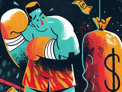 Financial Fitness boxing character dollar drawing face gloves hair illustration money painting retro sport