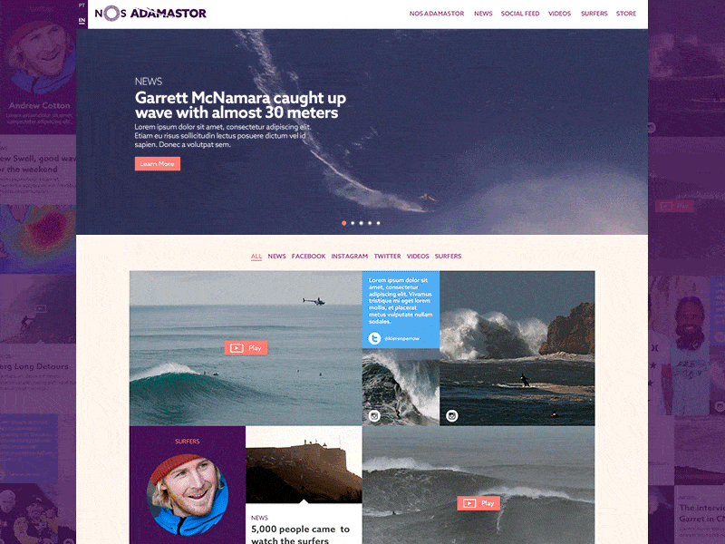 NOS Adamastor animation scroll social feed sport surf ui ux waves web website