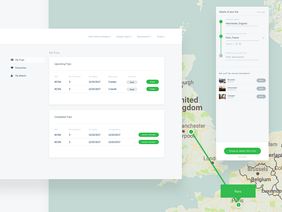 Account and Itinerary builder cards clean design flat green grey list property search travel website