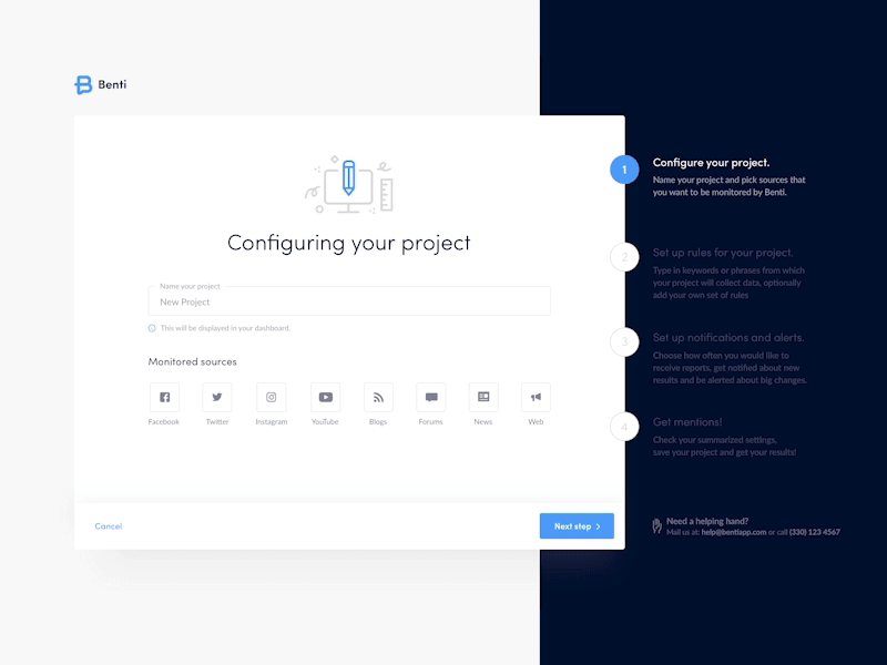 Benti - Creating A New Project Wizard animation creator desktop interaction mentions onboarding social media ui web app wizard