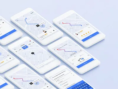 Special trip app blue car card driver help passenger road taxi travel trip ui