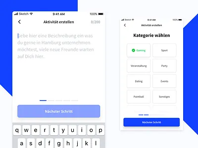 Create your own activity Step 1/2 activity app blue button category create overlay select steps ui ux