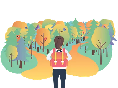 2 Paths in Summer backpack bird birds forest hike hiker owl ponytail summer trees