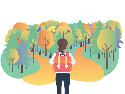 2 Paths in Summer backpack bird birds forest hike hiker owl ponytail summer trees