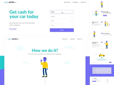 AutoBye auto buy cars characters landing page man modern purple sell web