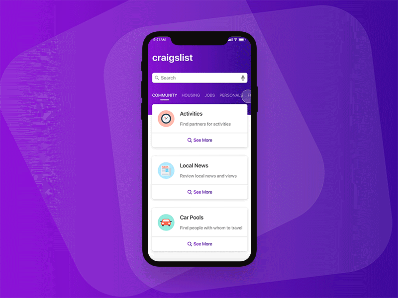 Craigslist iOS app animation animation app application challenge concept craigslist interaction ios iphonex list purple transition