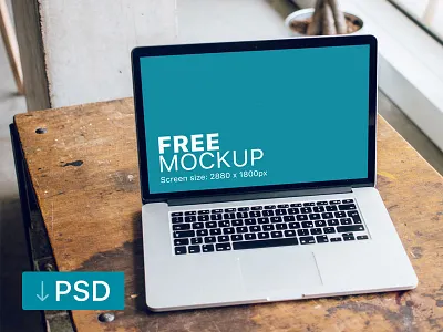 Free mockup: Macbook On Carpenter Desk apple free high resolution macbook mock up mockup photorealistic photoshop psd workspace