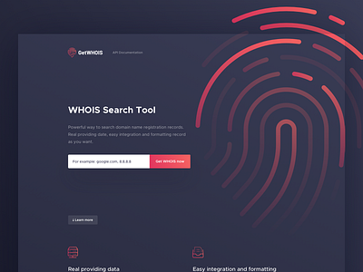 GetWHOIS - Homepage clean fingerprint landing page modern tool top ui web whois
