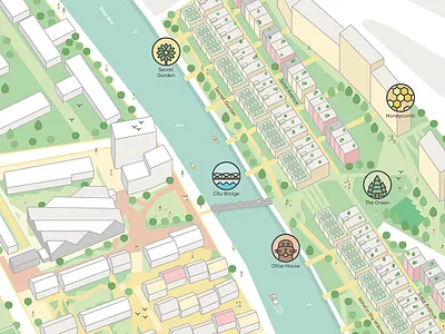 Map 3d boats buildings cards houses illustration isometric map people river