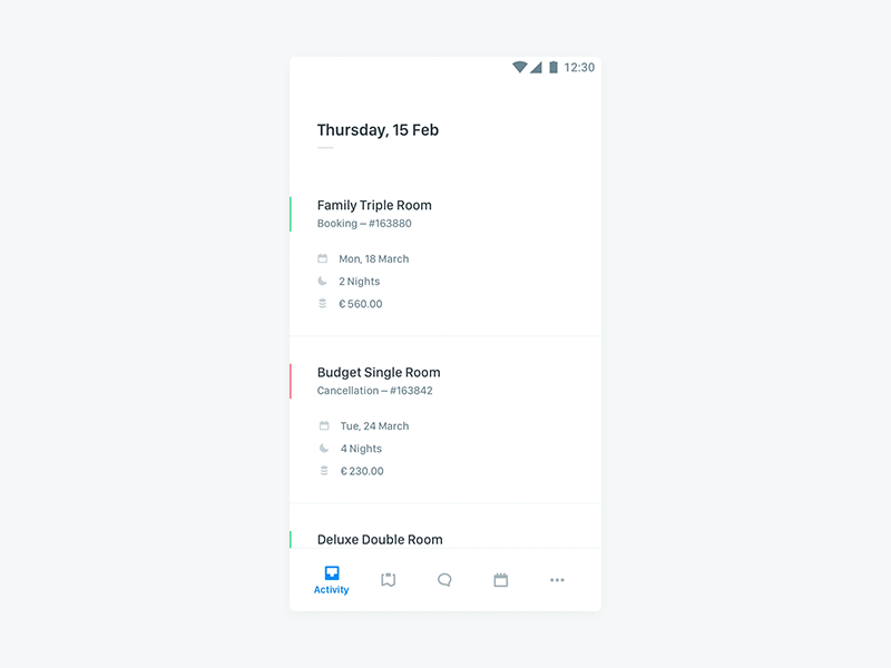Activity Screen Concept android animation booking bottom navigation feed gif icons minimal principle prototype timeline white