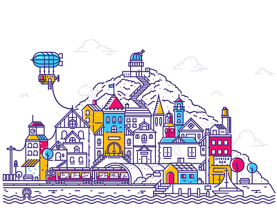 Fun Town 2d blimp boat cloud design flat house icon illustration logo train vector