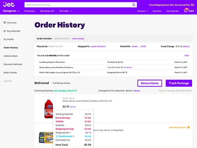 Jet - Order History Page checkout ecommerce history order orderhistory postcheckout product productdesign responsive ui ux web