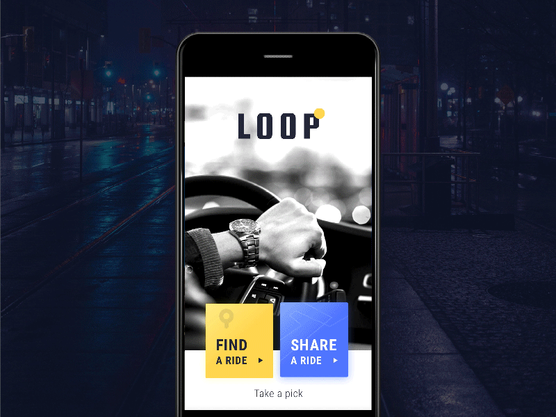 Carpool - Enter Rider carpool dark interaction loop map ride share ui ux