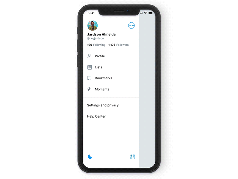 Twitter Night Mode Switch V2 (FREEBIE) animation app interaction night mode principle profile sidebar menu twitter ui uiux ux