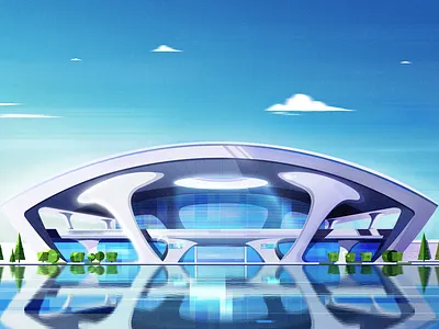 Railway Station blue city illustrations light projection sky station tree water