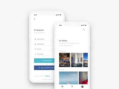 Hi, Explorer app clean digital flat home icons minimal mobile sign up travel ui ux