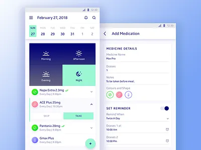 Home and Add Medication Screen add medication calendar medical app medication app medicine control app reminder settings