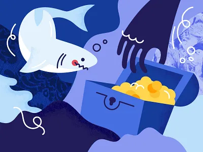 Dangerous bank caviar chest coins danger dangerous design fish hand illustration money sea shark texture treasure underwater
