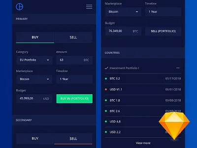 Freebie - Mobile Cryptocurrency UI Kit For Sketch App 2d app branding clean dashboard design flat material mobile ui ux web