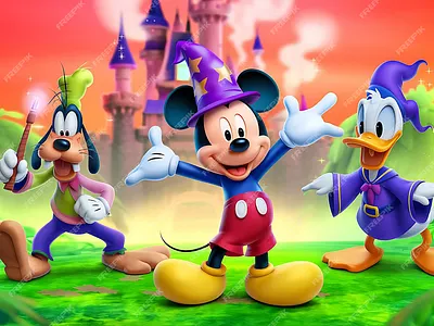 Mickey mouse and mickey mouse are running in front of a castle animation graphic design logo motion graphics